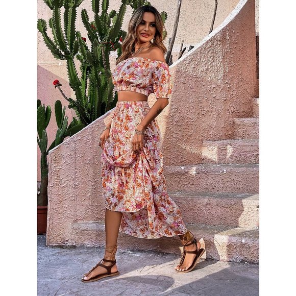 2 piece set Floral Off Shoulder Puff Sleeve Crop Top & Ruffle Hem maxi Skirt set - Picture 3 of 6